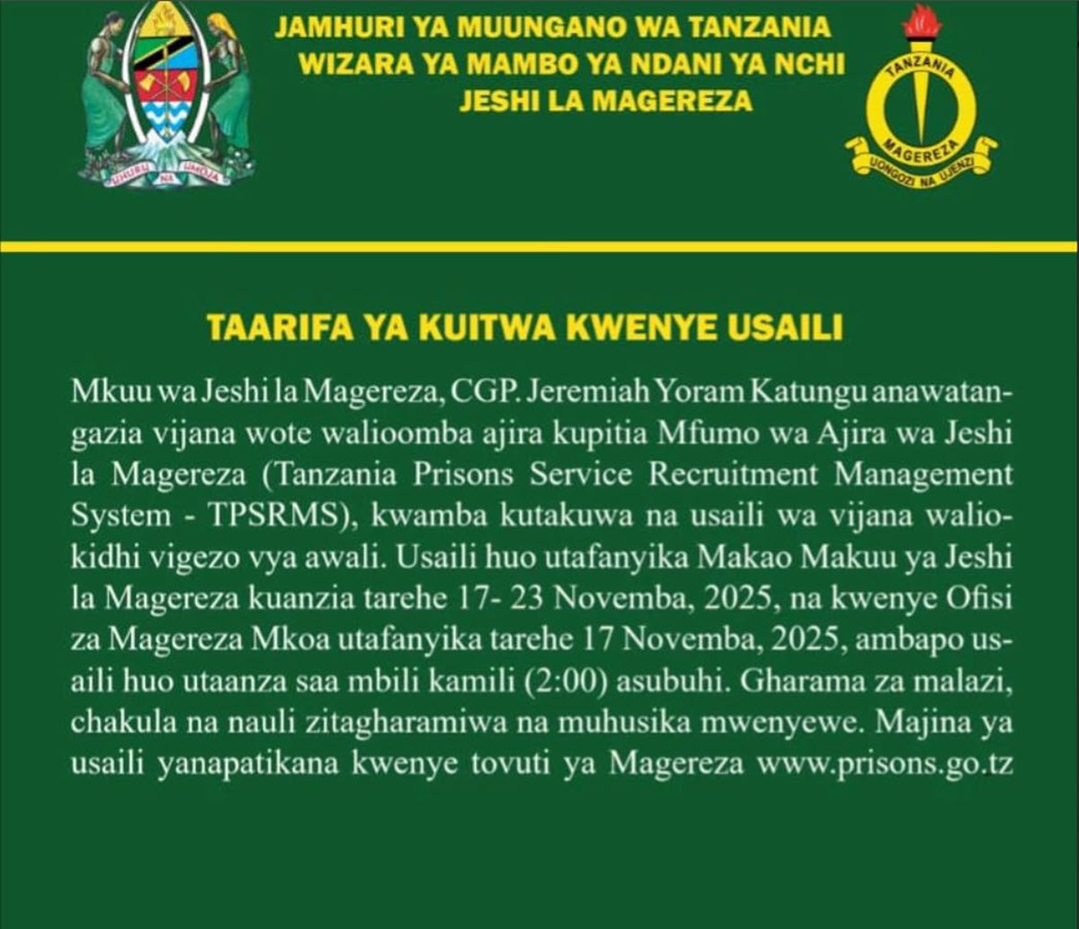 Tarehe ya Usaili Jeshi la Magereza 2025