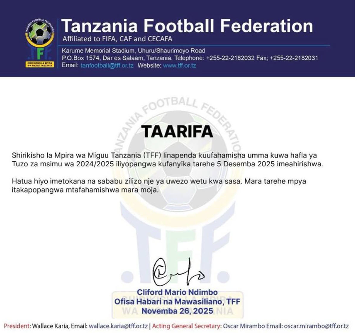TFF Yatangaza Kuahirishwa kwa Tuzo za Msimu 2024/2025