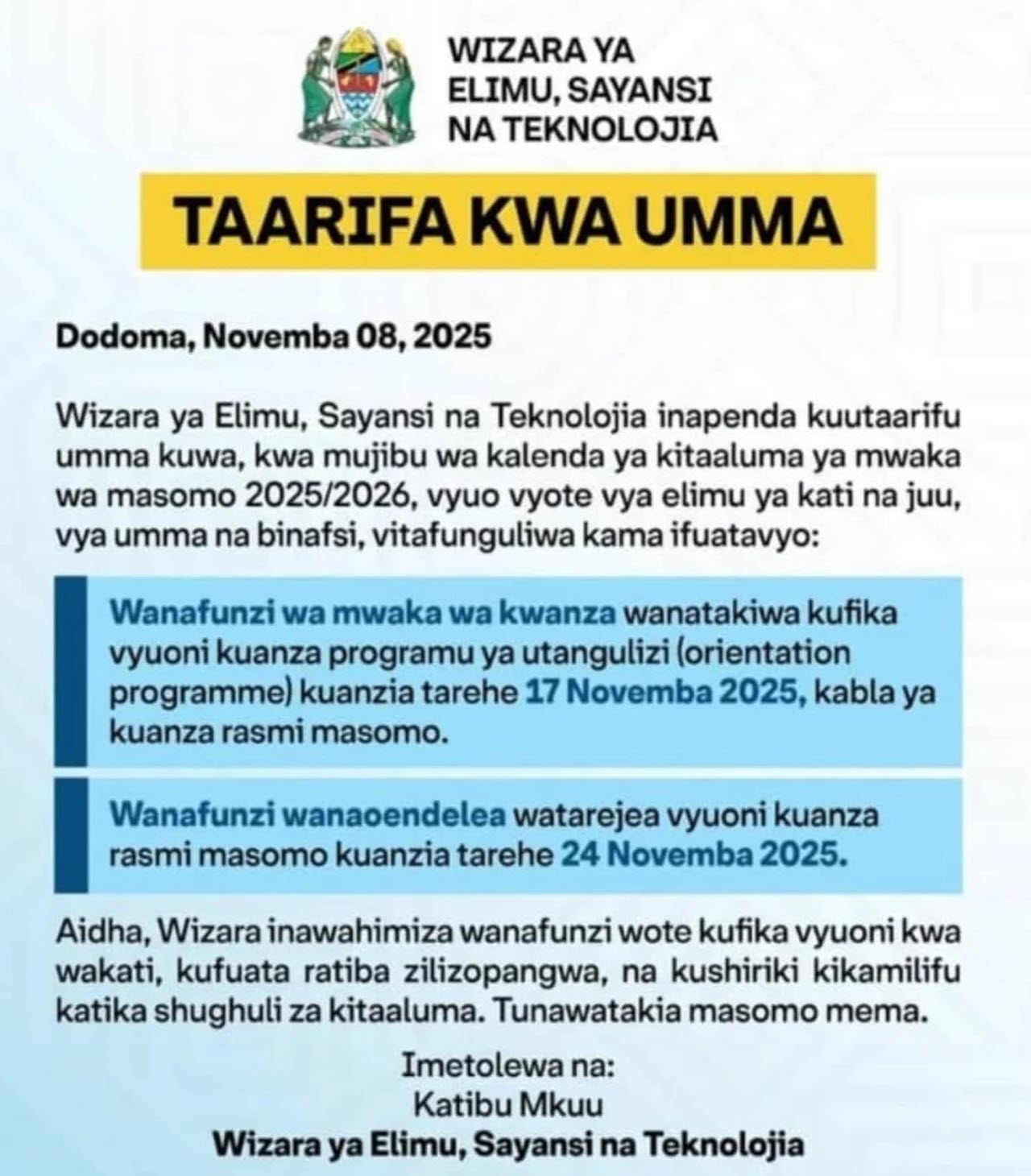 Tarehe Mpya za Kufunguliwa Vyuo 2025/2026