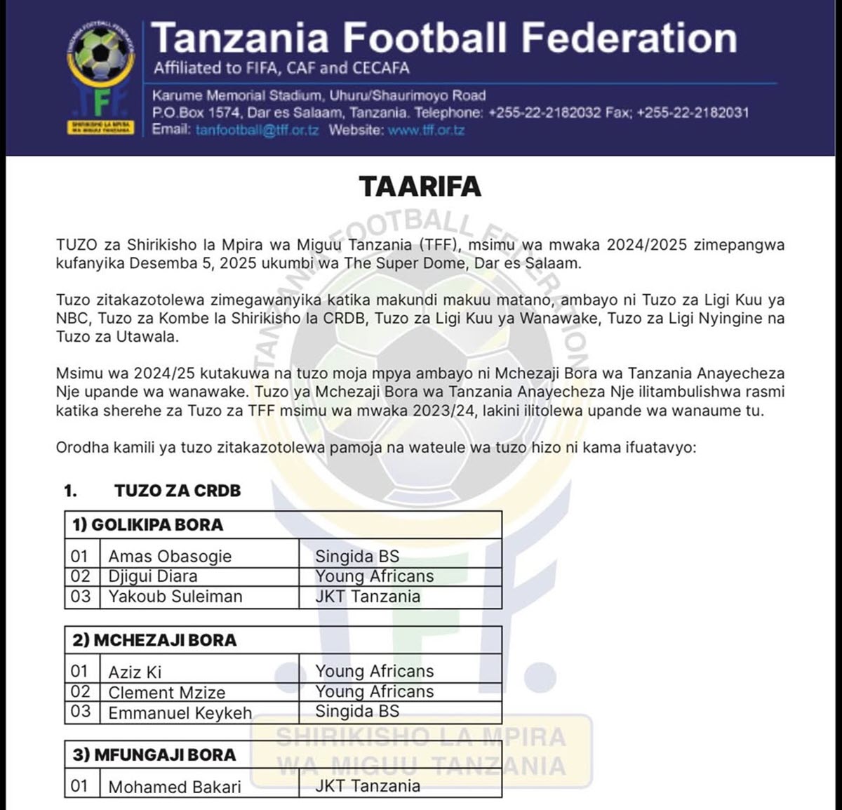 TFF Kutangaza Washindi wa Tuzo za 2024/2025 Desemba 5 2025