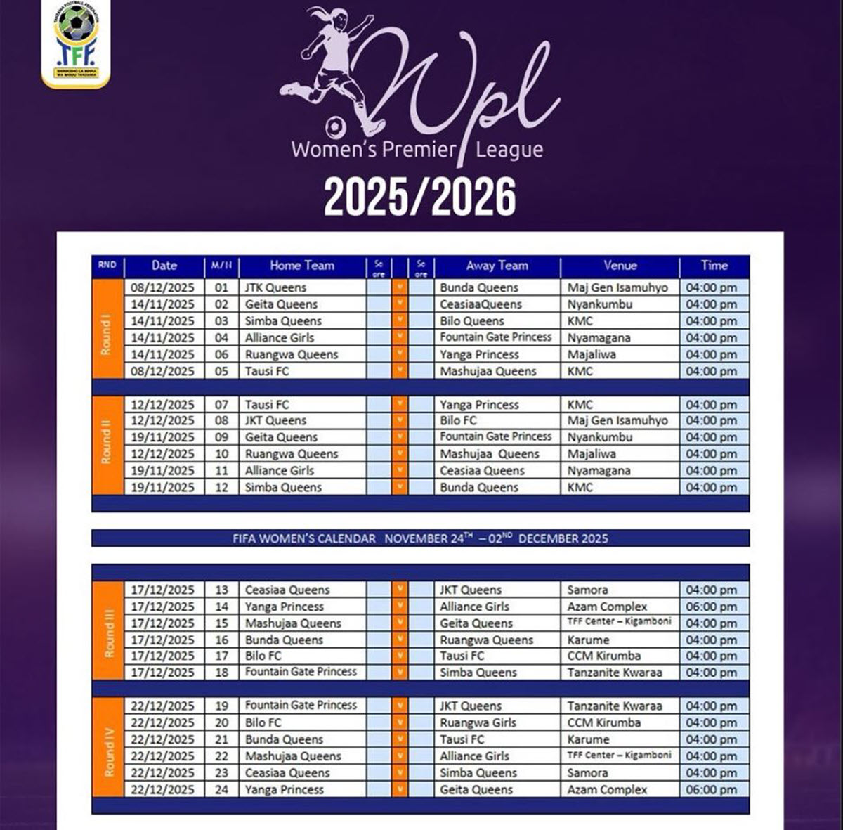 Ratiba ya Ligi Kuu Wanawake Tanzania (TWPL) 2025/2026