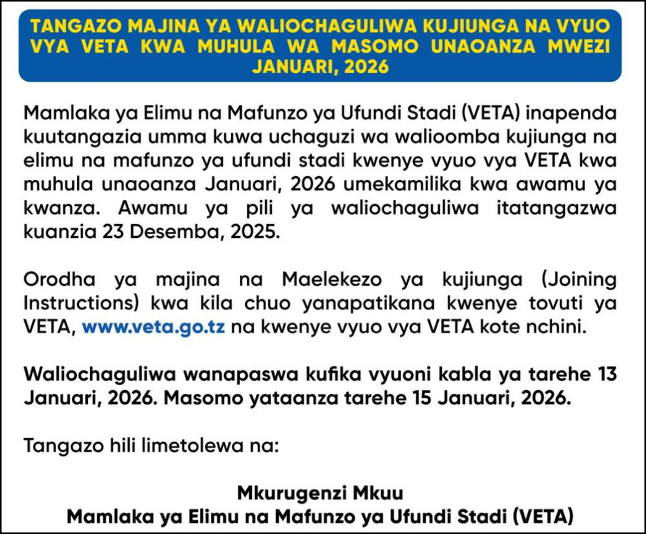 Majina ya Waliochaguliwa Kujiunga na Vyuo vya VETA 2026