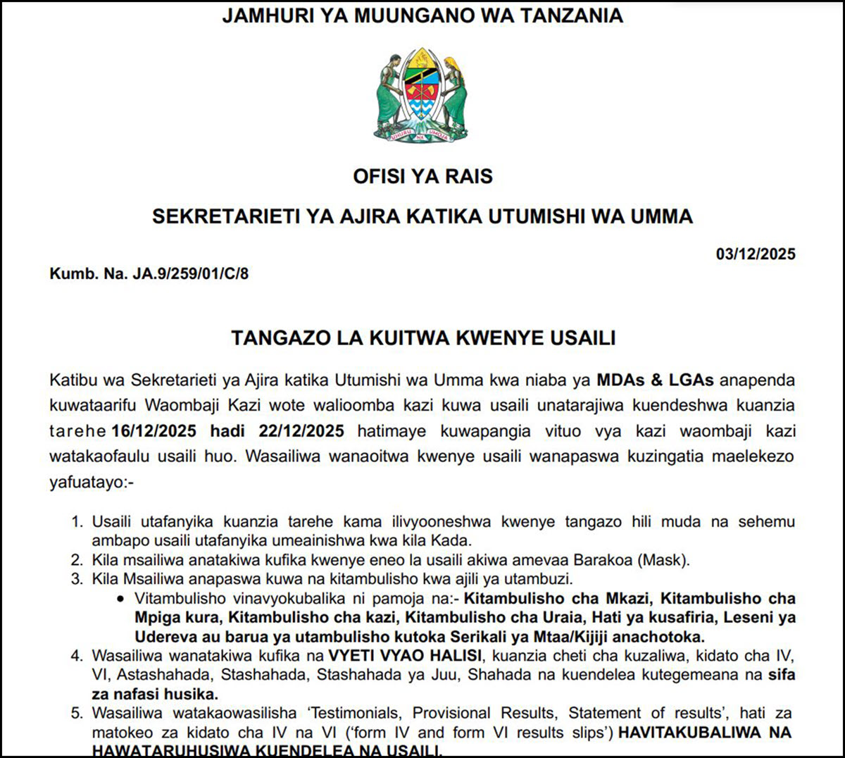 Majina ya Walioitwa Kwenye Usaili MDAs & LGAs Kada ya Afya December 2025