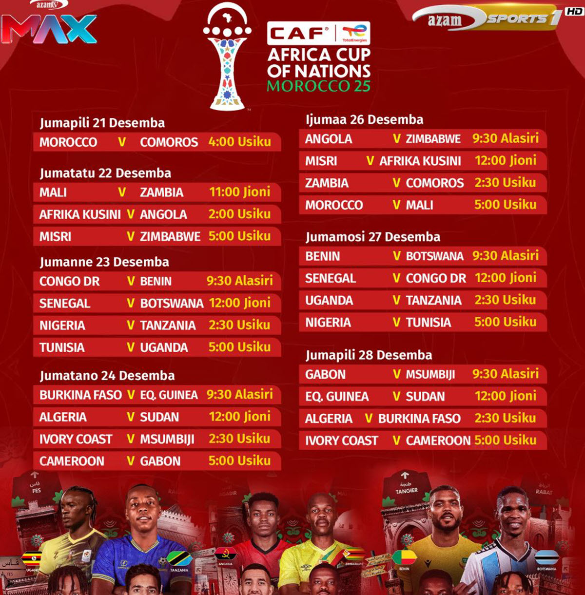 Ratiba Ya AFCON 2025 Hatua Ya Makundi