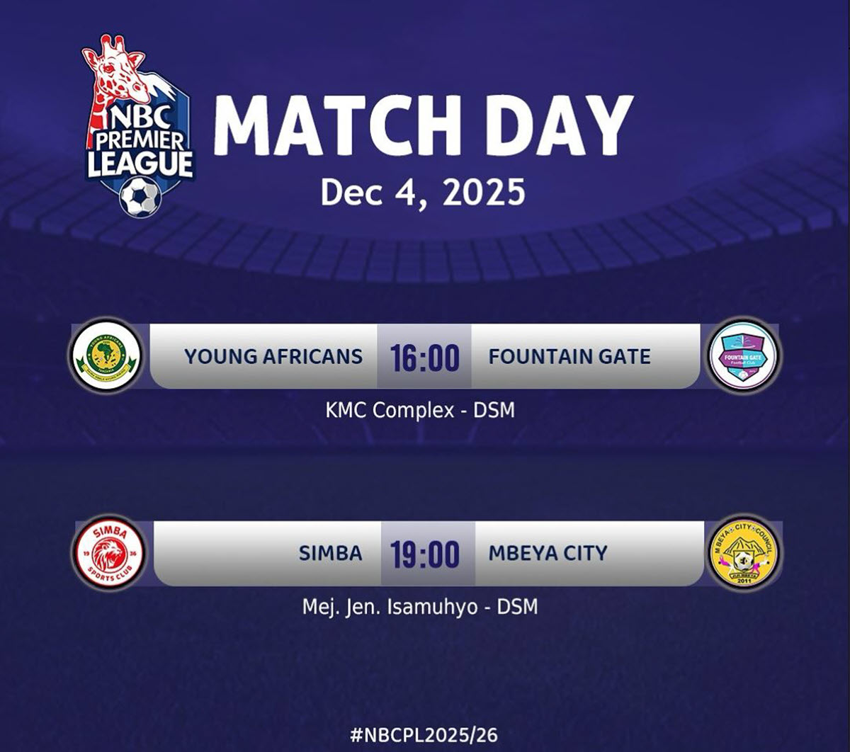 Ratiba ya Mechi za Ligi Kuu NBC Leo 04/12/2025