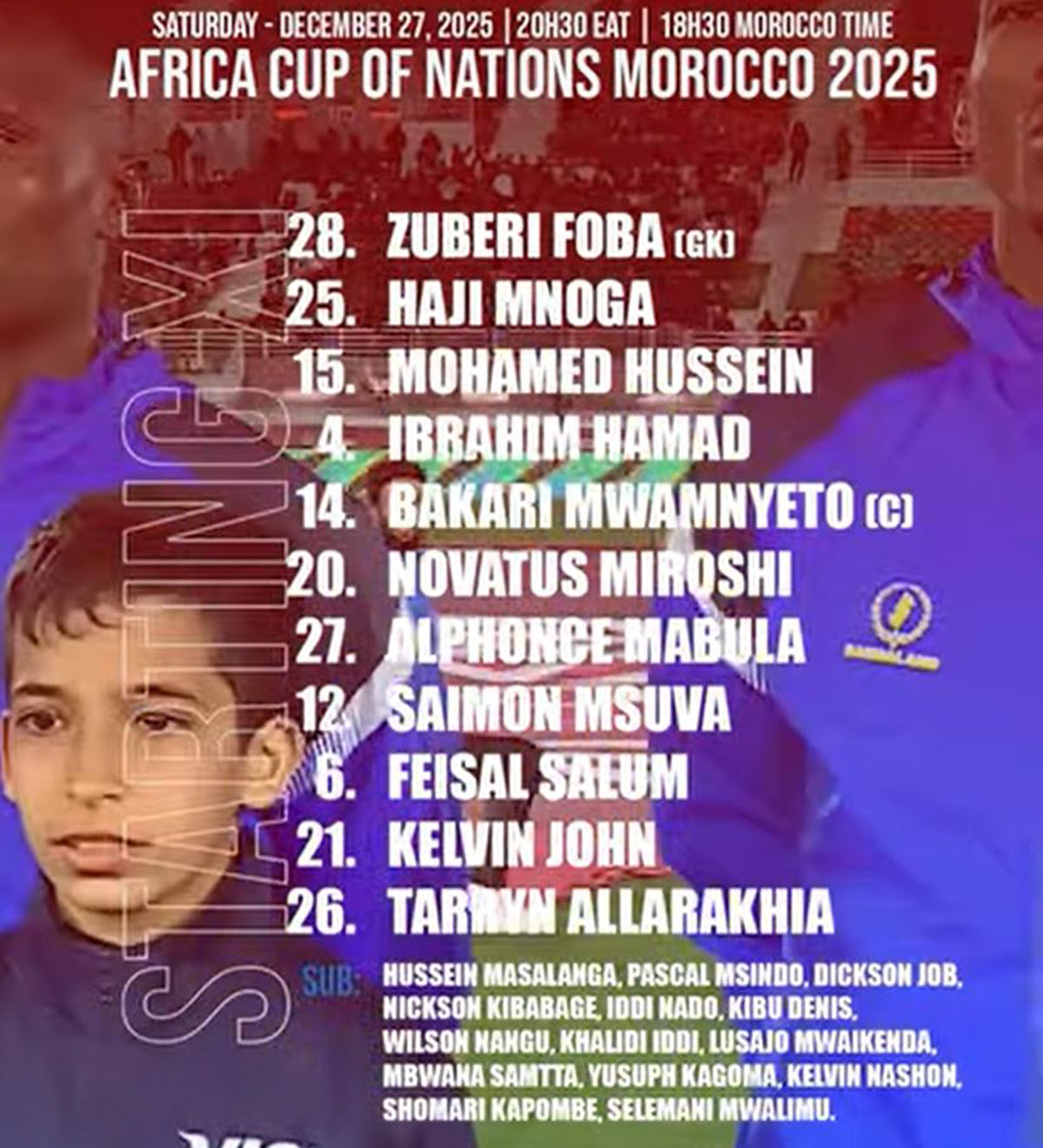 Kikosi cha Tanzania Taifa Stars vs Uganda Leo 27/12/2025