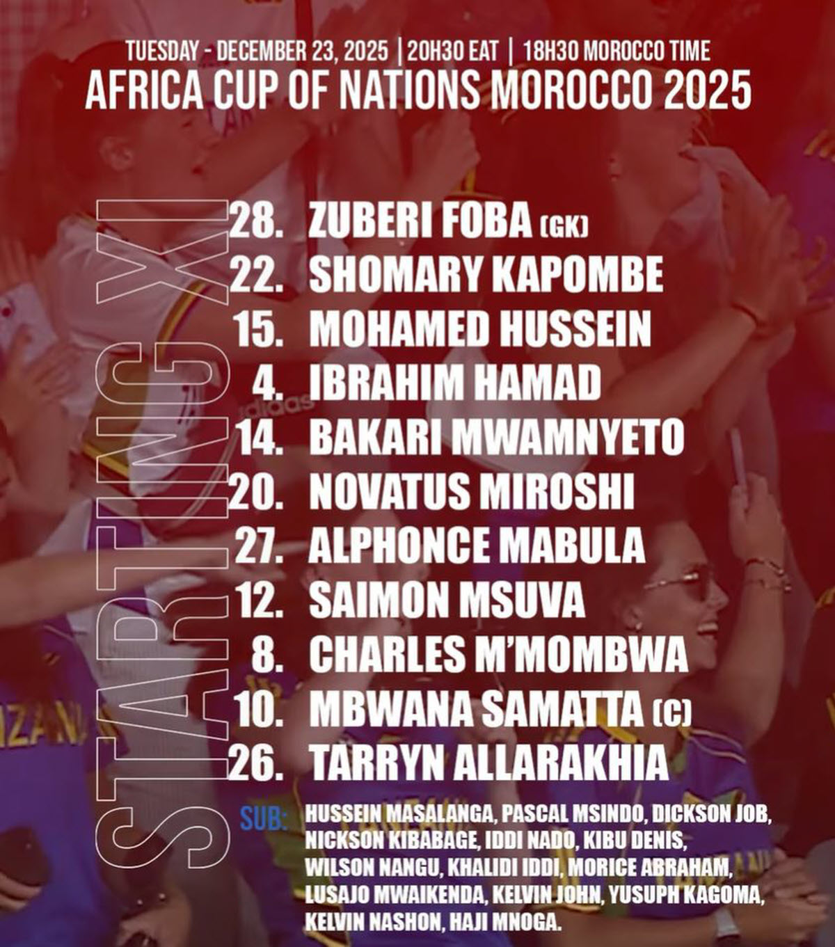 Hiki Apa Kikosi cha Tanzania vs Nigeria Leo 23/12/2025 AFCON