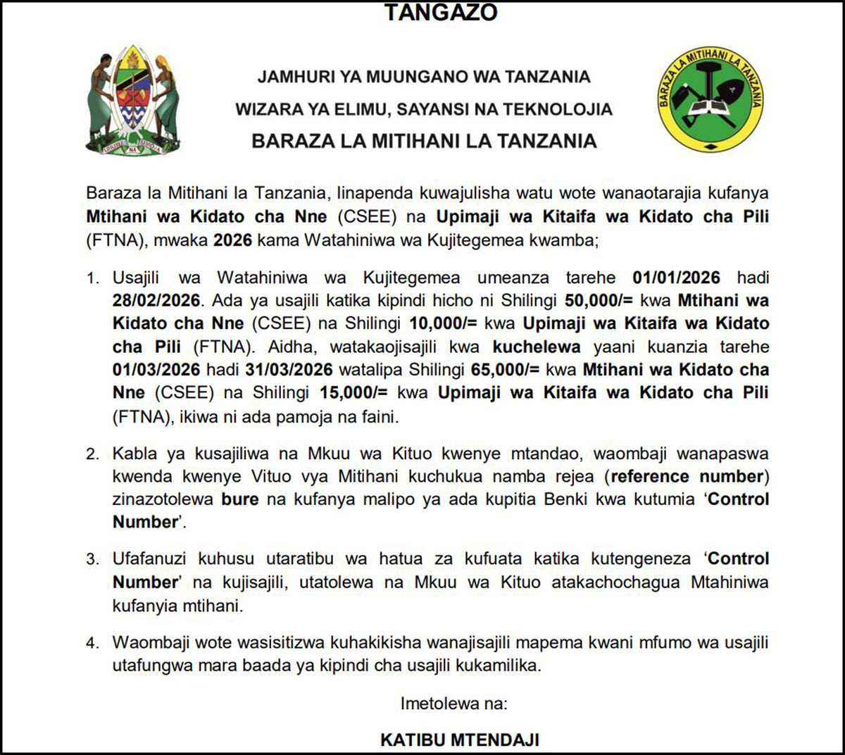 NECTA Yatangaza Usajili wa Watahiniwa wa Kujitegemea CSEE na FTNA 2026