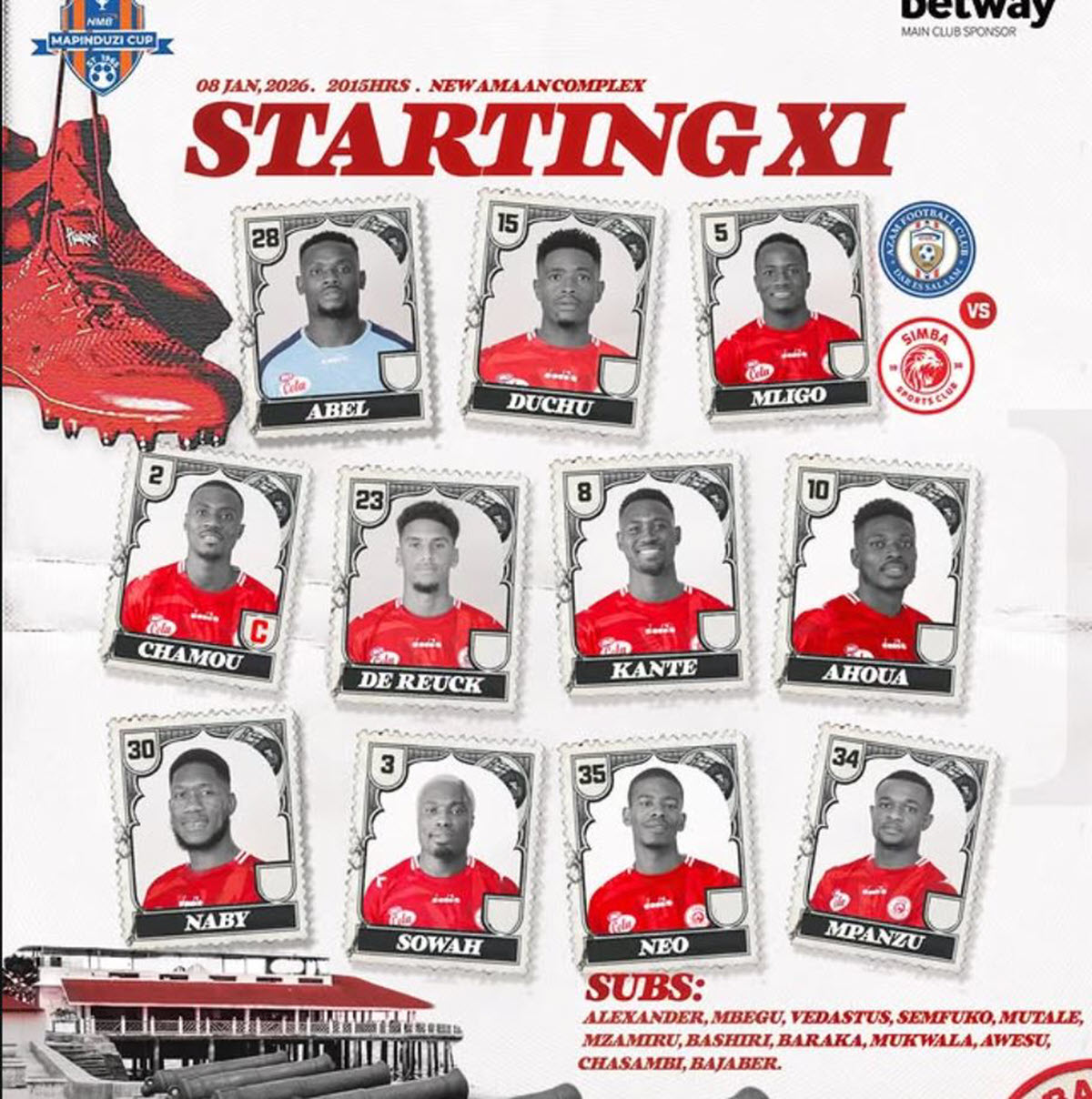 Kikosi cha Simba vs Azam Leo 08/01/2026 Mapinduzi Cup