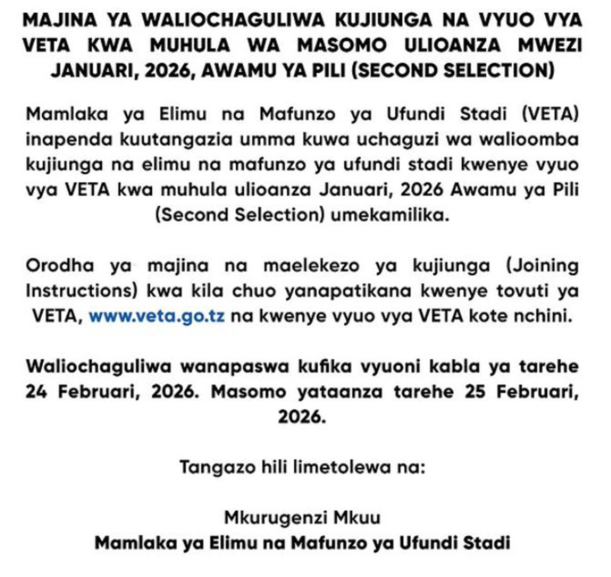 Majina ya Waliochaguliwa Kujiunga Vyuo Vya VETA Januari 2026 Awamu ya Pili