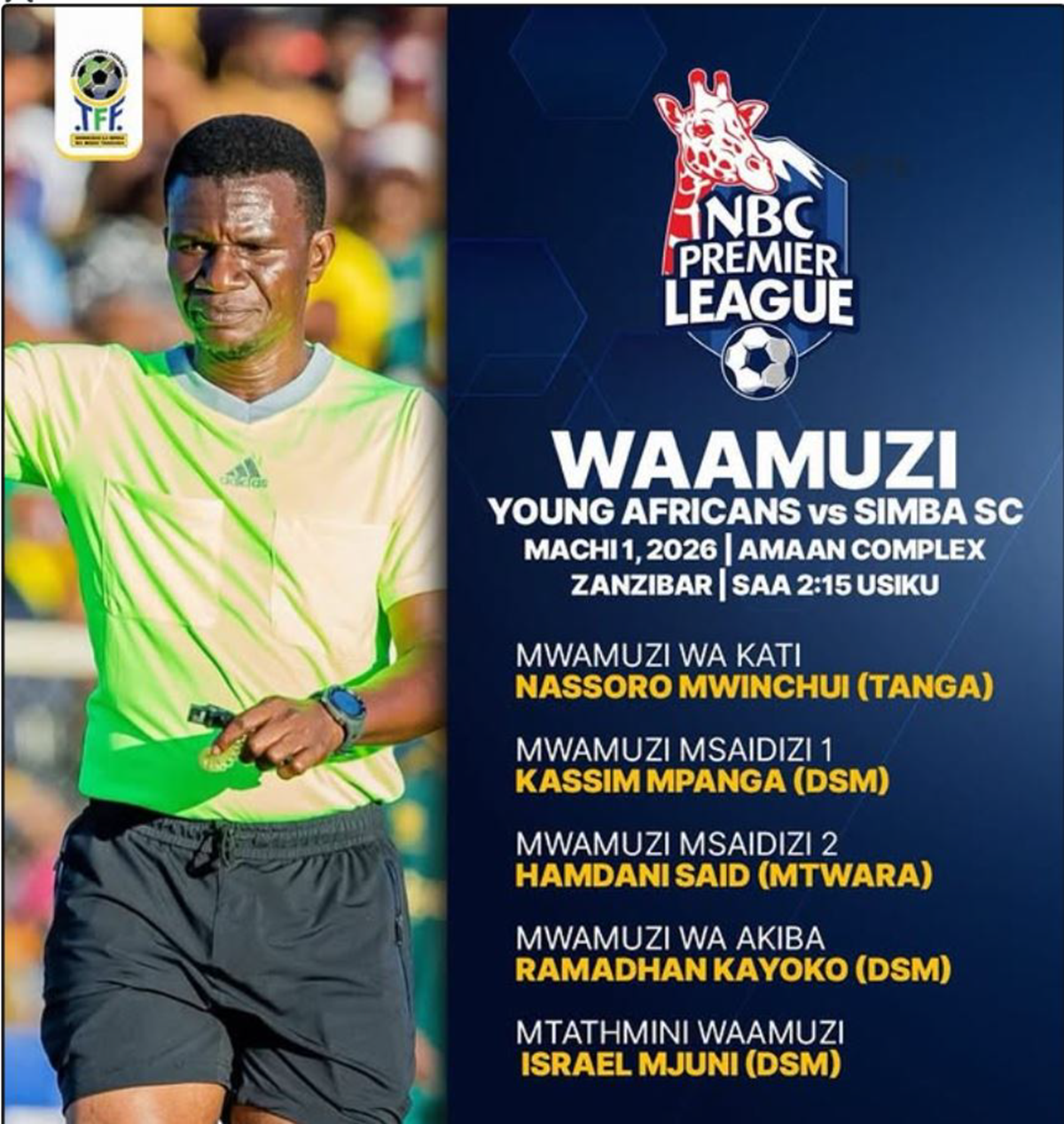 Orodha ya Waamuzi wa Mechi ya Yanga vs Simba 01/03/2026