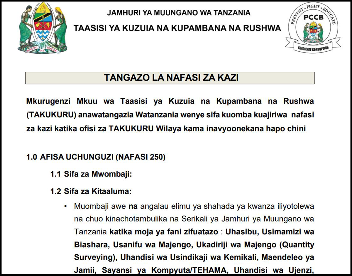 Nafasi Za Kazi Afisa Uchunguzi Takukuru April 2026
