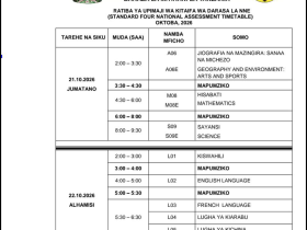 Ratiba ya Mtihani Wa Darasa La Nne 2026