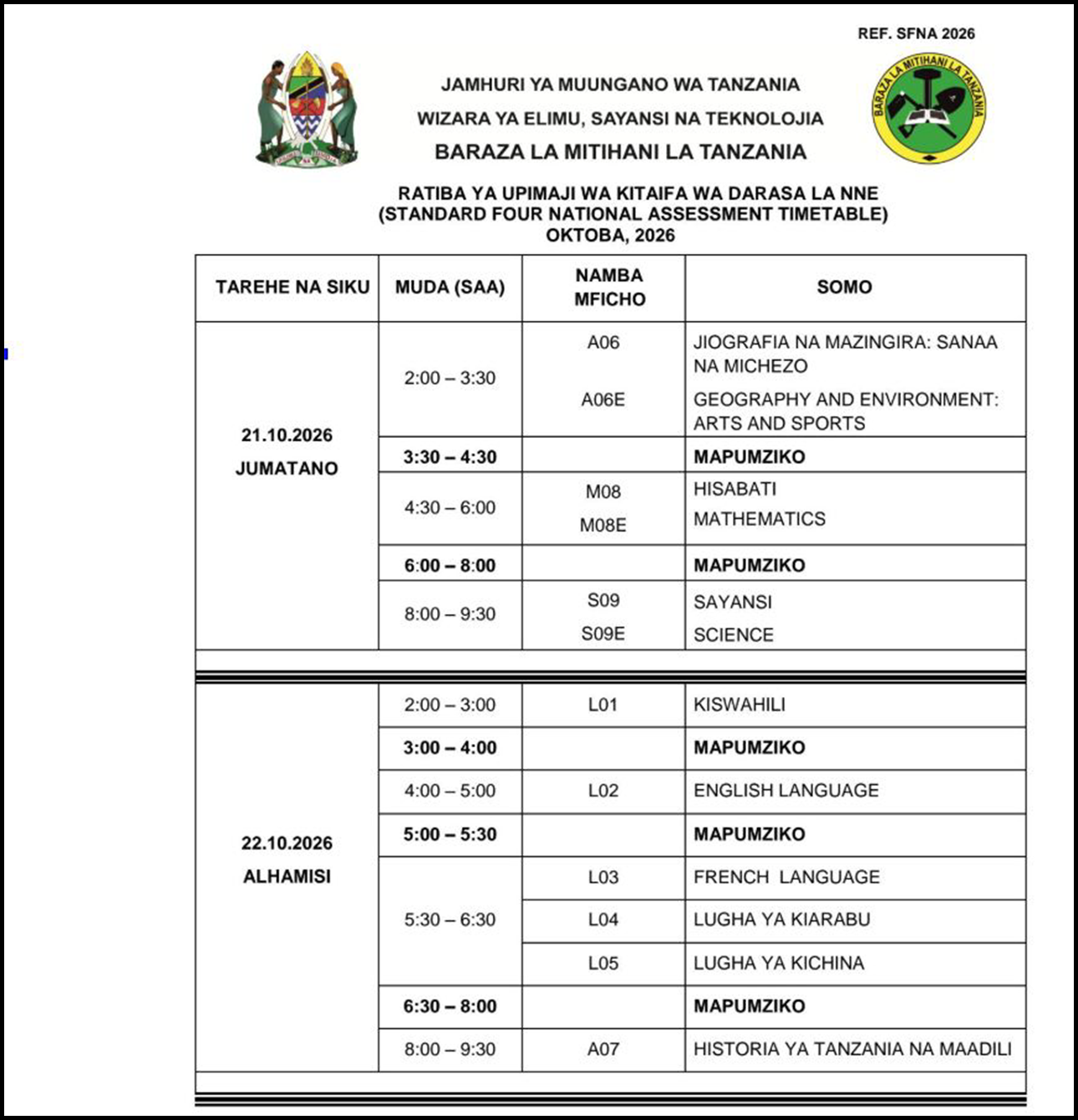 Ratiba ya Mtihani Wa Darasa La Nne 2026