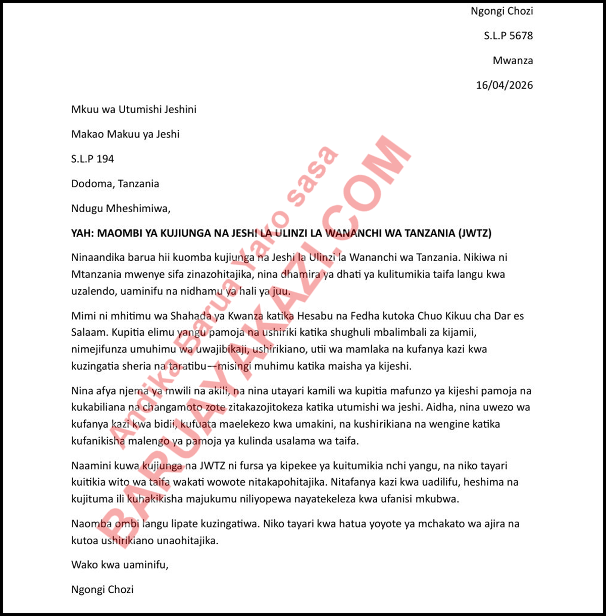 Mfano wa Barua ya Kuomba Nafasi Jeshi la Ulinzi la Wananchi (JWTZ) PDF