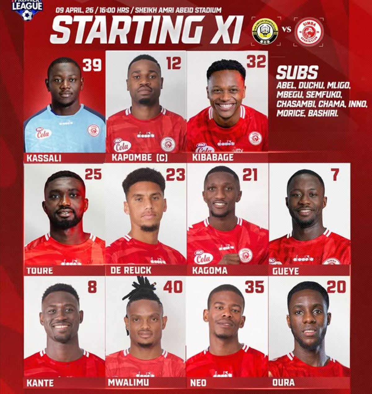 Kikosi cha Simba SC vs TRA United Leo 09/04/2026